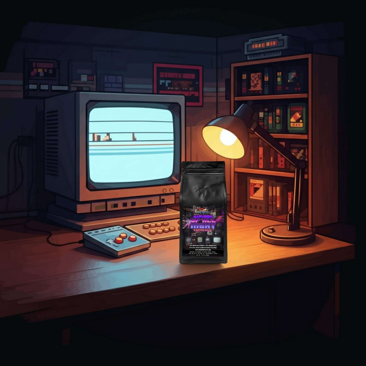 All 4 Gamers Up All Night Espresso French roast espresso bag on a vintage gaming desk with a lamp and CRT monitor.