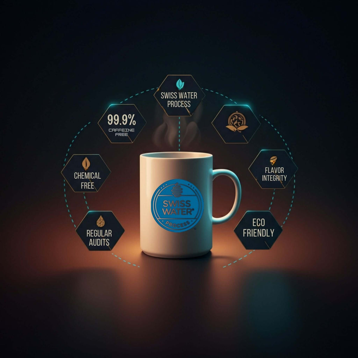 Image of a coffee mug highlighting the Swiss Water Process with benefits like chemical free and eco-friendly.