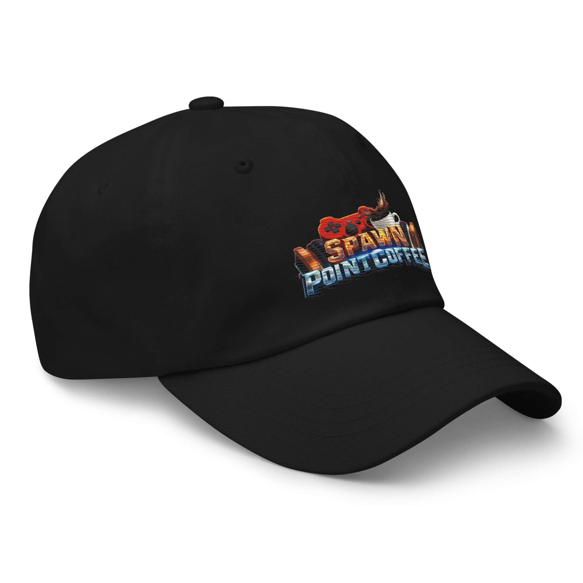 Black baseball hat with colorful embroidered logo, featuring adjustable strap and curved visor.