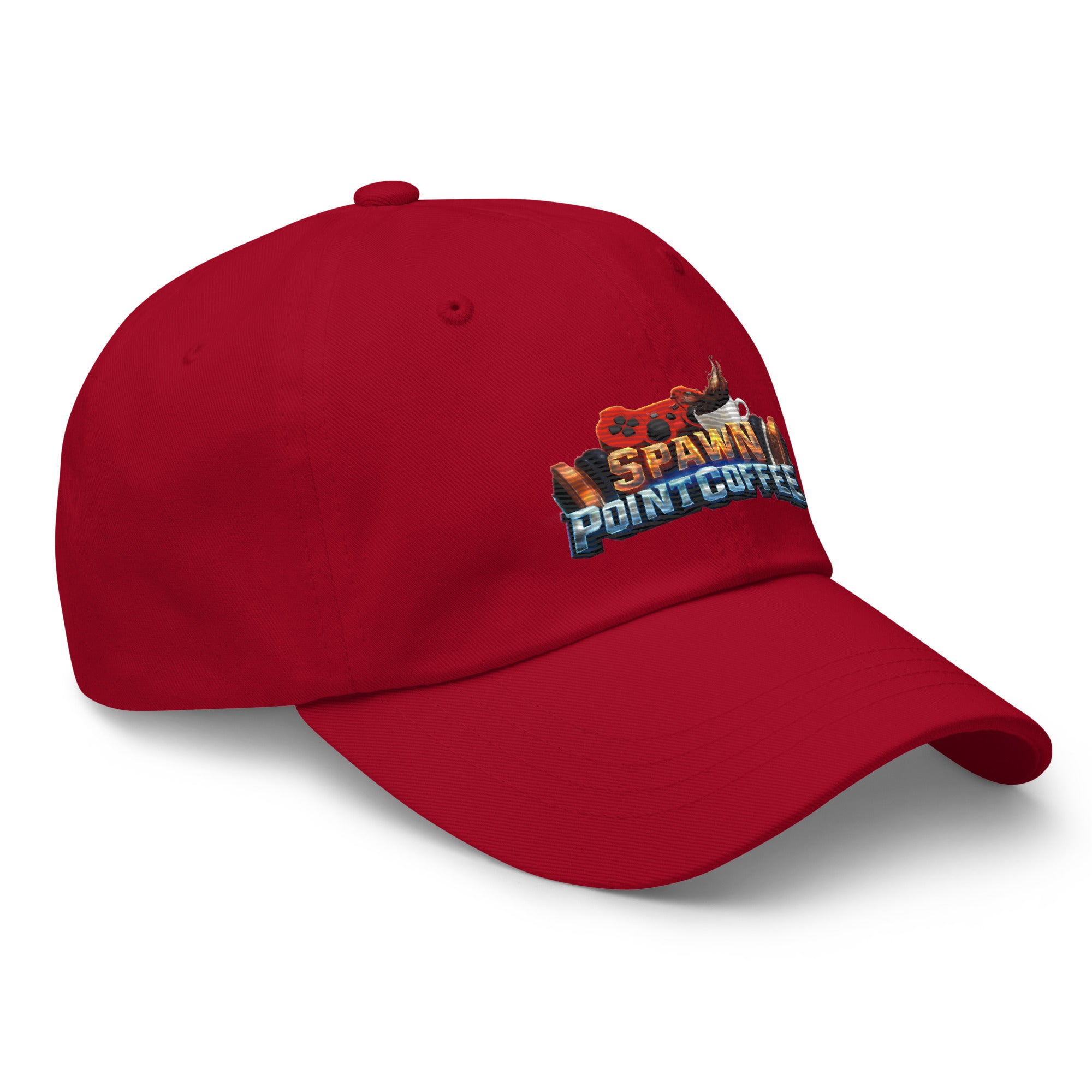 Red baseball cap with embroidered logo, low-profile design, adjustable strap, and curved visor.