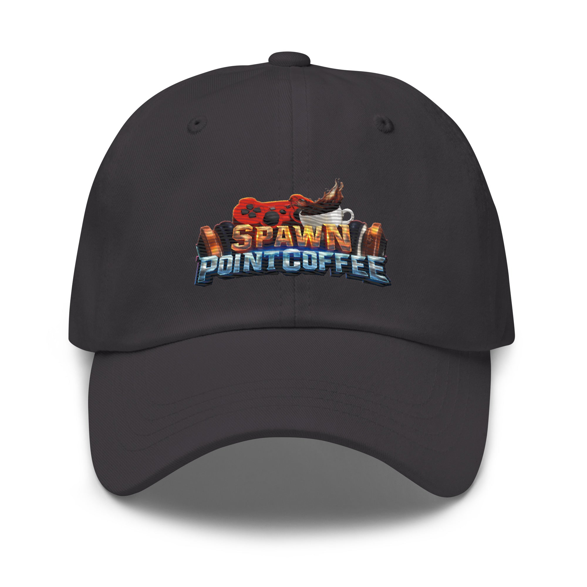Black adjustable hat with "Spawn Point Coffee" embroidered logo on front, featuring gaming elements and smoke.