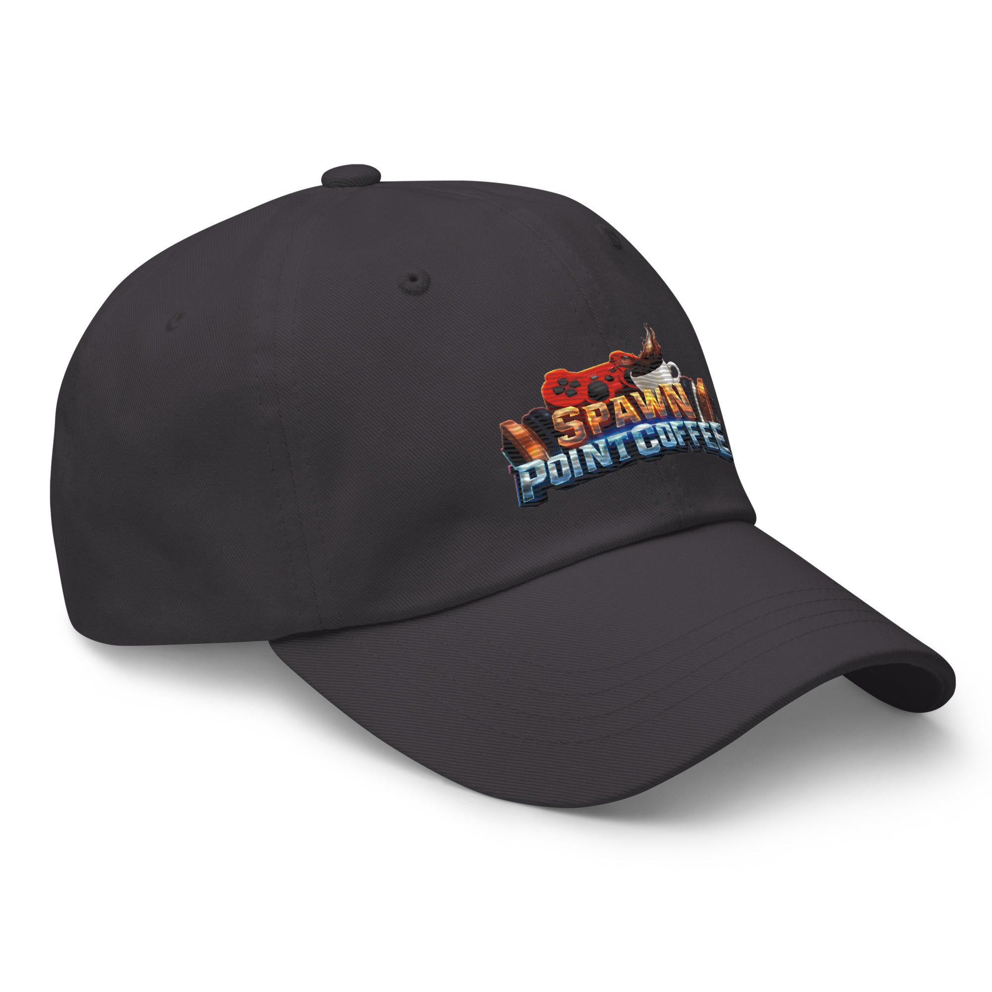 Black low-profile hat with Spawn Point Coffee embroidery, featuring adjustable strap and curved visor.