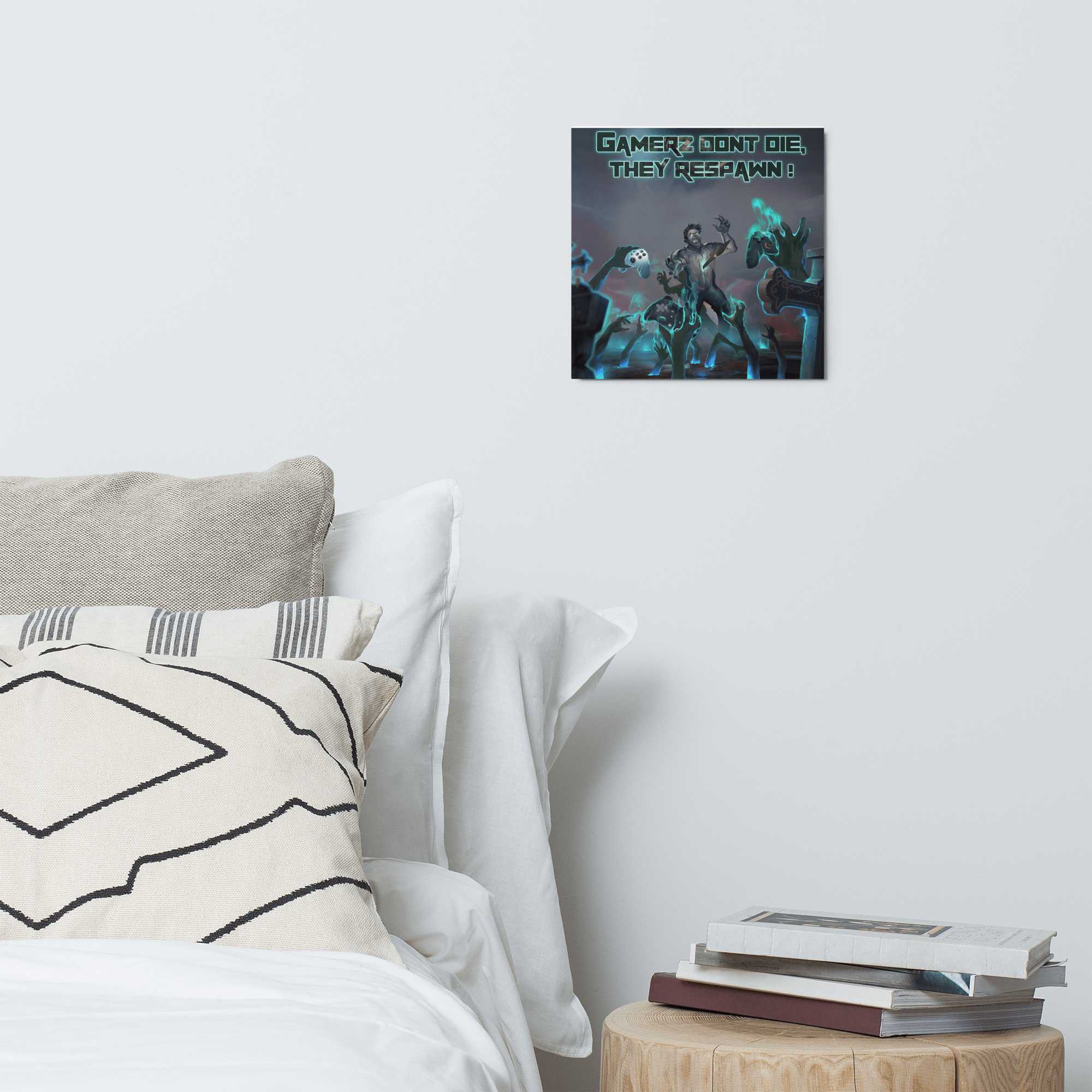 Gamers Don't Die 12x12 metal print hanging in modern bedroom, features vibrant gaming artwork, easy to clean and scratch-resistant.