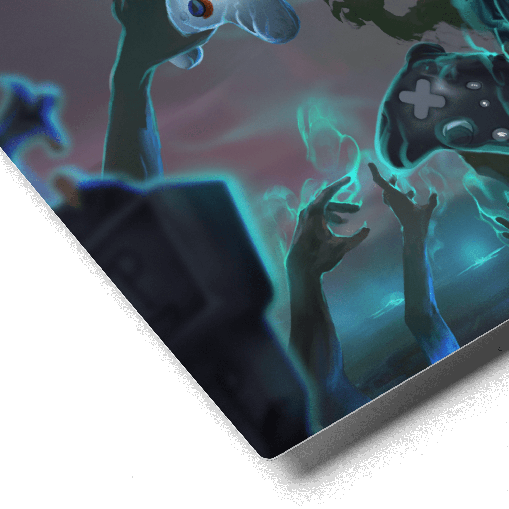 "Close-up of Gamer's Don't Die 12x12 metal print featuring colorful gaming-themed artwork with controller and ghostly hands."
