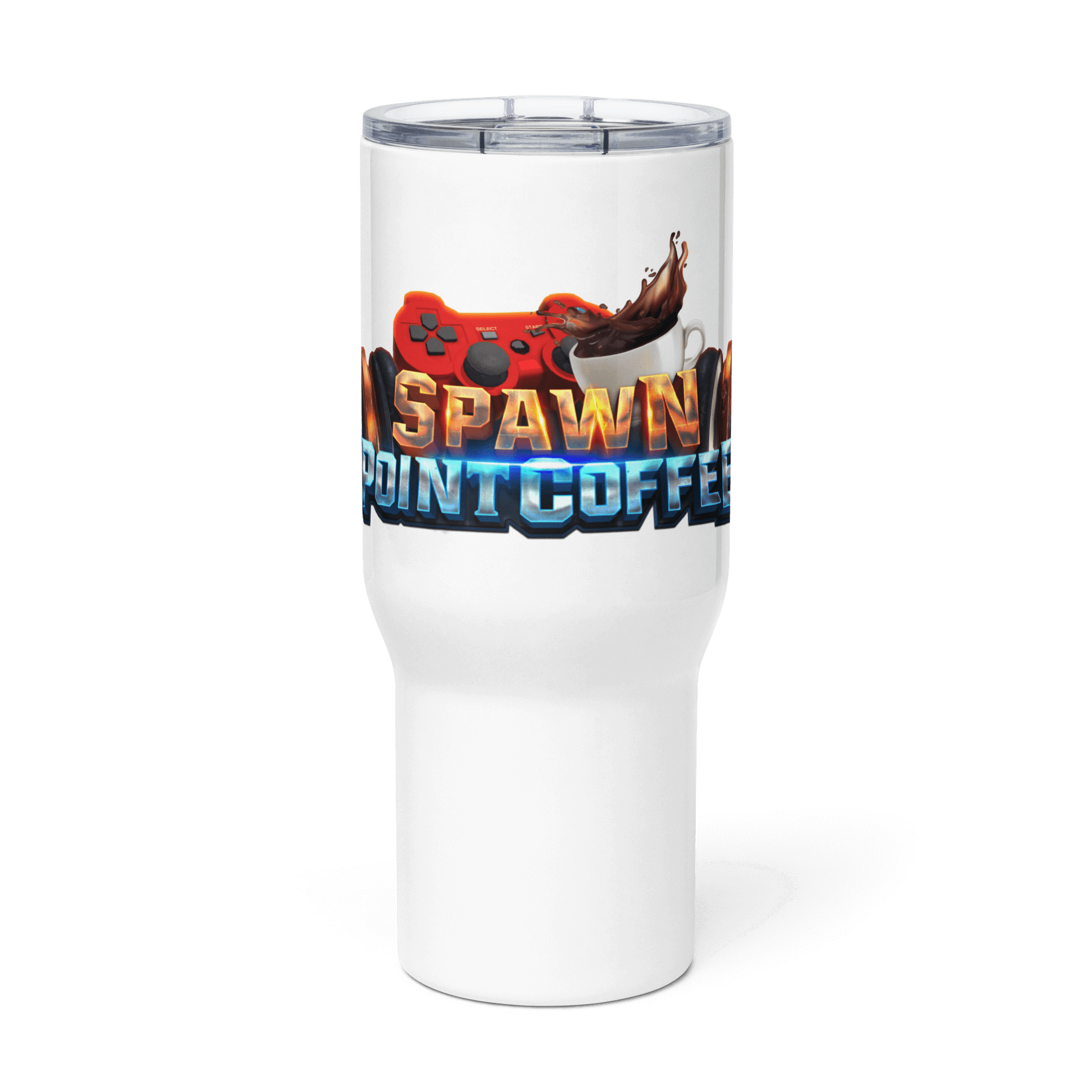 Stylish white travel mug with handle, featuring a colorful graphic and spill-proof lid, perfect for keeping beverages safe and hot.