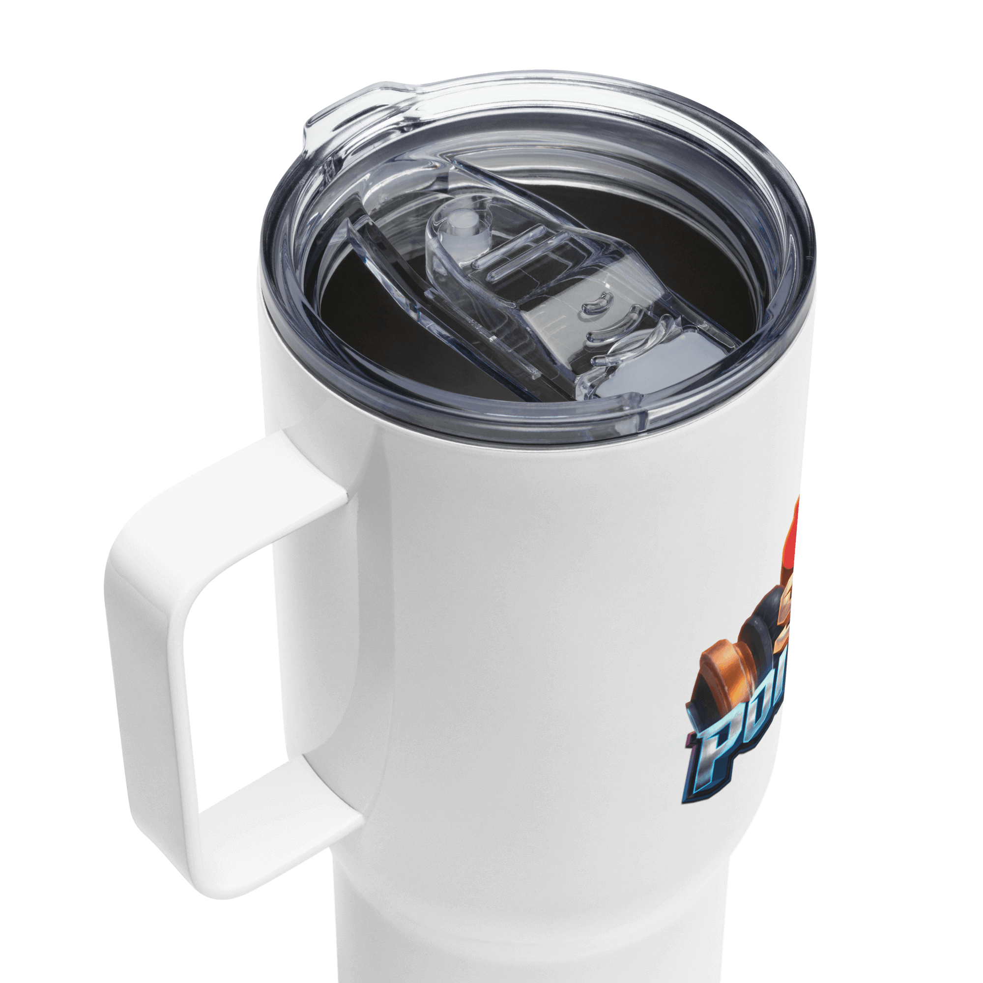 White travel mug with handle and spill-proof lid, made of stainless steel and BPA-free plastic, perfect for keeping beverages hot.