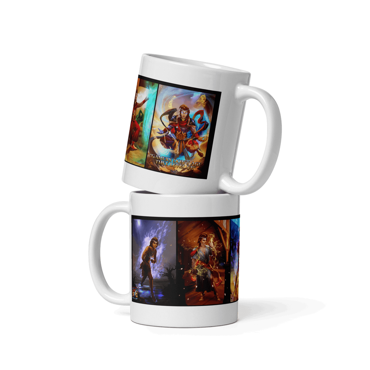 Stacked ceramic mugs with vivid, colorful prints of fantasy characters, microwave and dishwasher safe.
