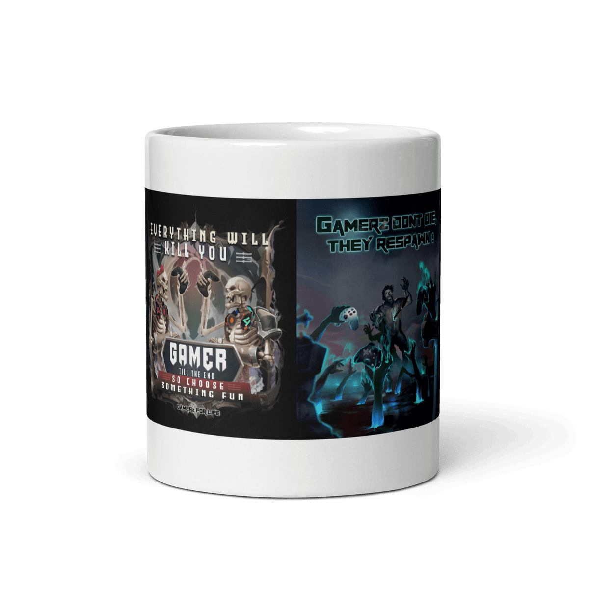 Ceramic mug featuring "Gamer Till the End" design with skulls and gaming theme, sturdy for coffee, tea, microwave, and dishwasher safe.