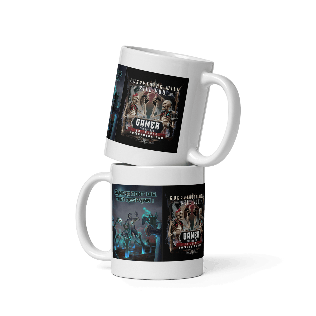"Gamer Till the End ceramic mugs with vivid gaming-themed prints, stackable design, dishwasher and microwave safe"