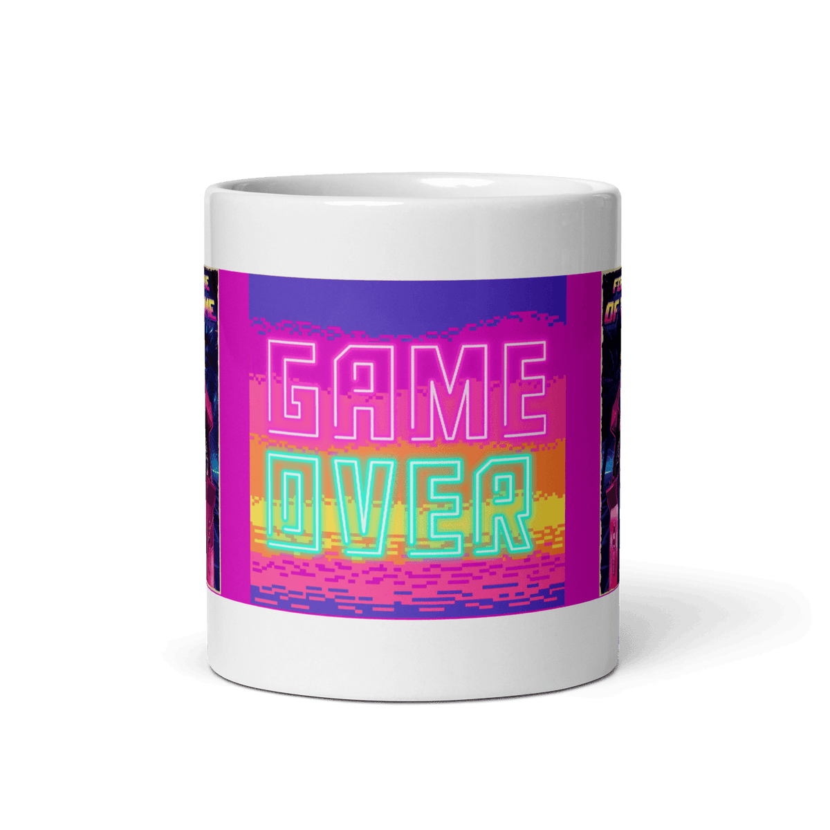 Ceramic mug with "Game Over" design, vivid colors, sturdy and glossy, microwave and dishwasher safe, perfect for gamers.