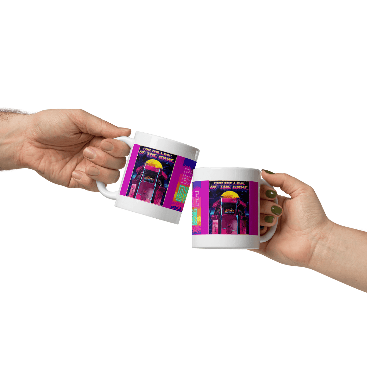 Two hands holding ceramic mugs with colorful "Game Over" print design, suitable for coffee or tea, microwave and dishwasher safe.