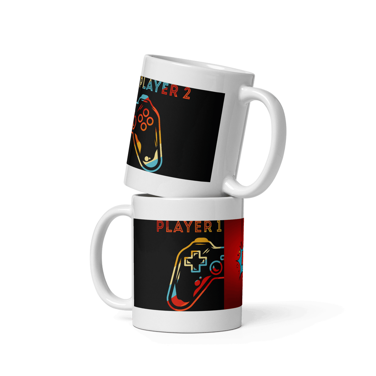 "Player 1 vs Player 2 ceramic mugs with gaming controller design in black, sturdy and microwave safe, perfect for coffee or tea"