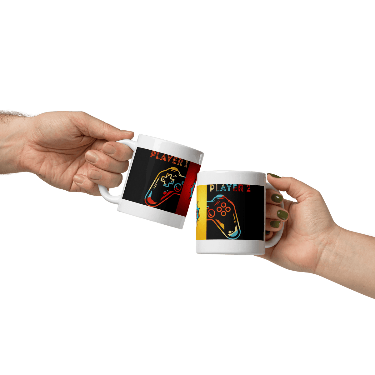 Two hands clinking ceramic mugs with "Player 1" and "Player 2" gaming controller designs, showcasing a sturdy, glossy finish.