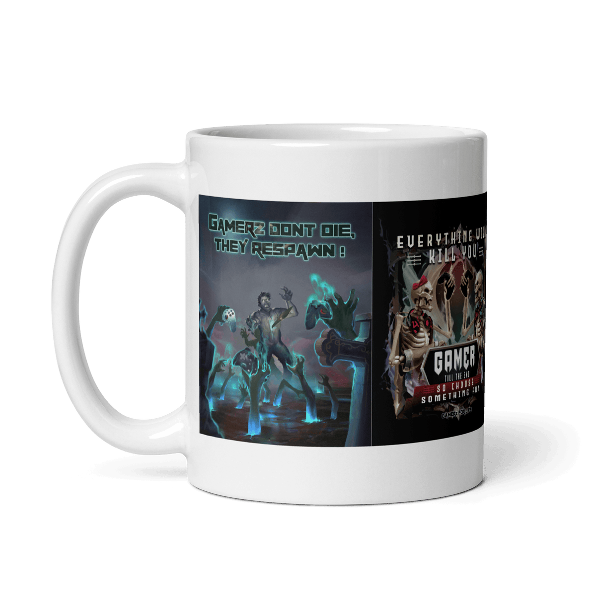 "Gamer Till the End mug featuring vibrant gaming-themed designs, durable and safe for microwave and dishwasher use"