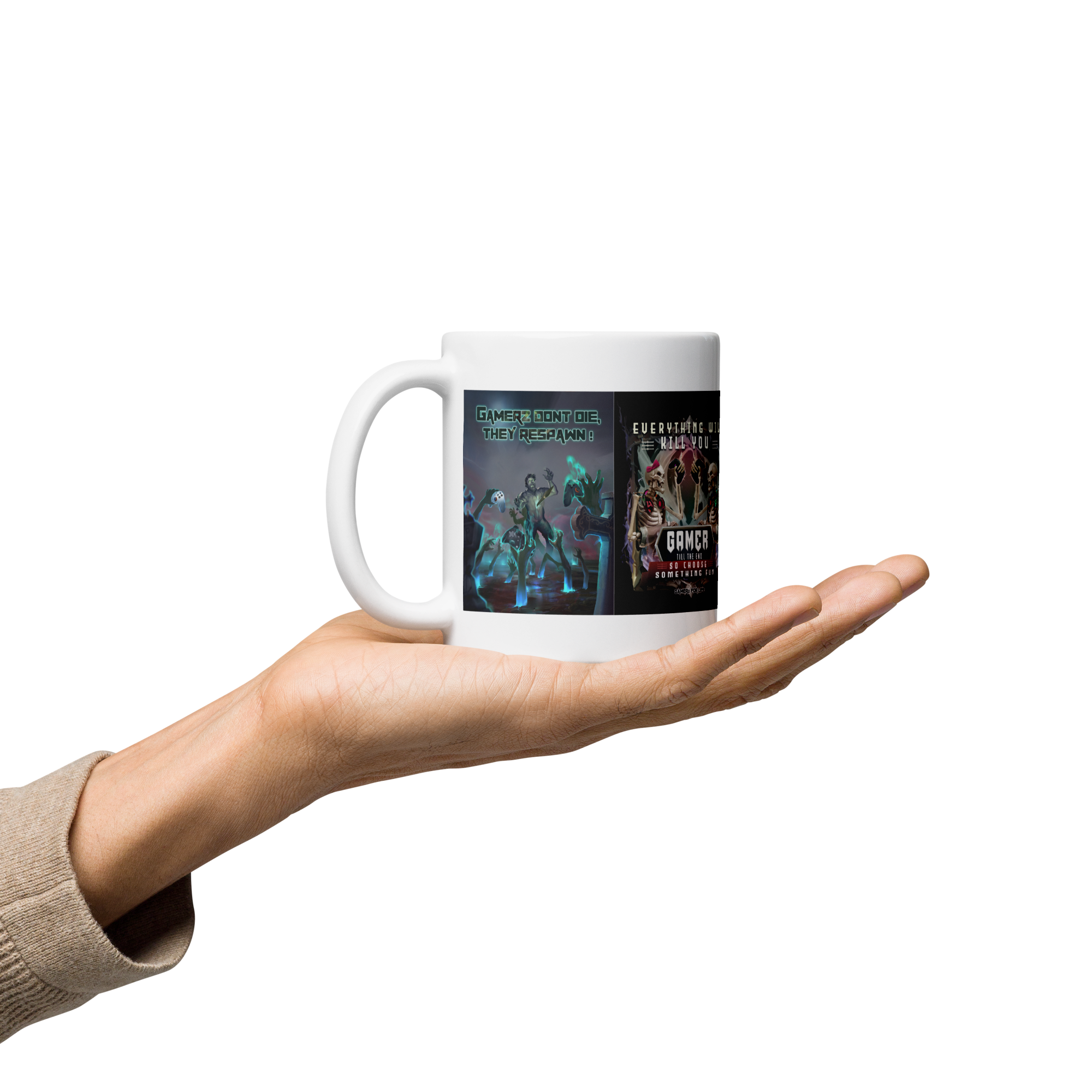 "Hand holding a ceramic Gamer Till the End mug with vivid gaming-themed print, perfect for coffee or tea, microwave and dishwasher safe."