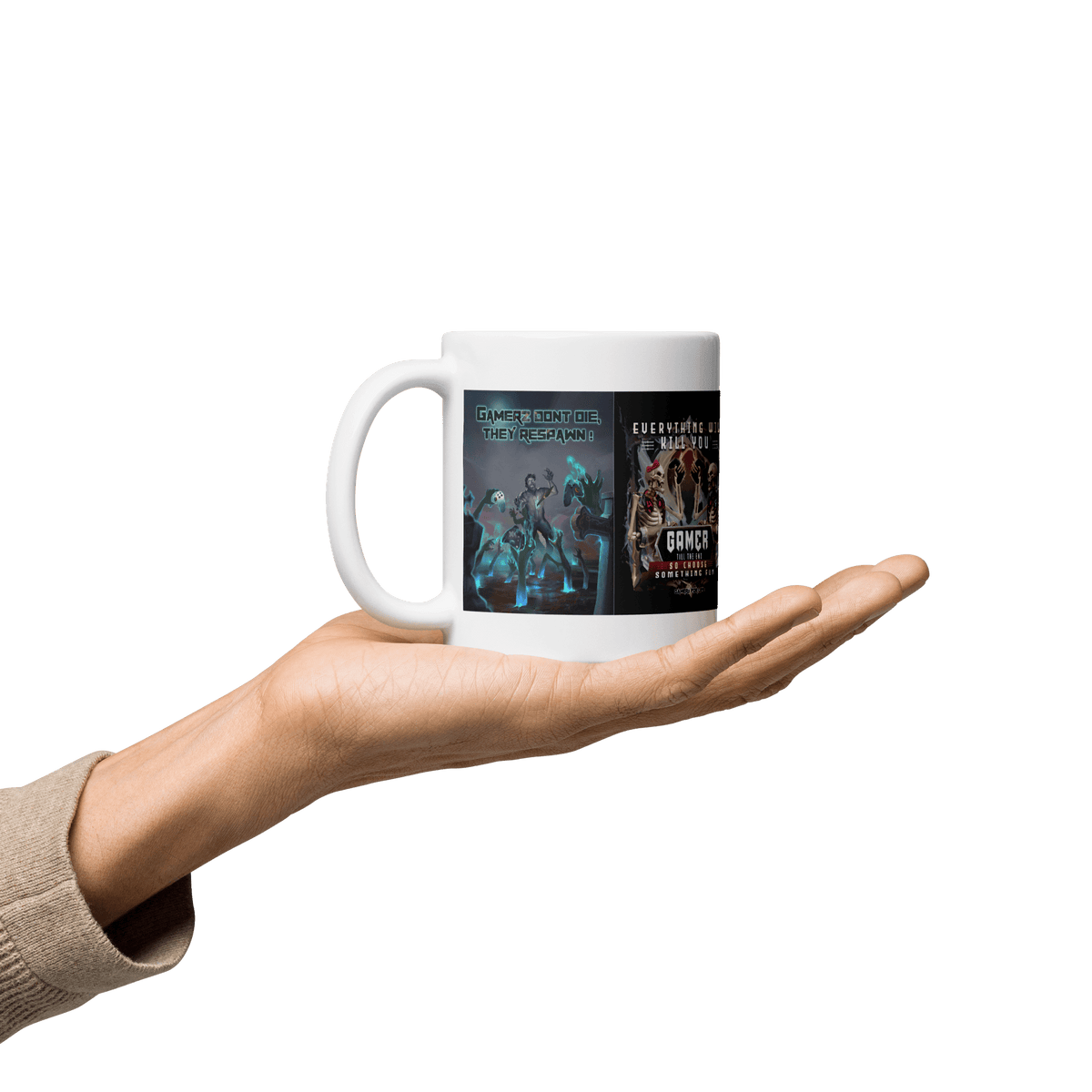 "Hand holding a ceramic Gamer Till the End mug with vivid gaming-themed print, perfect for coffee or tea, microwave and dishwasher safe."