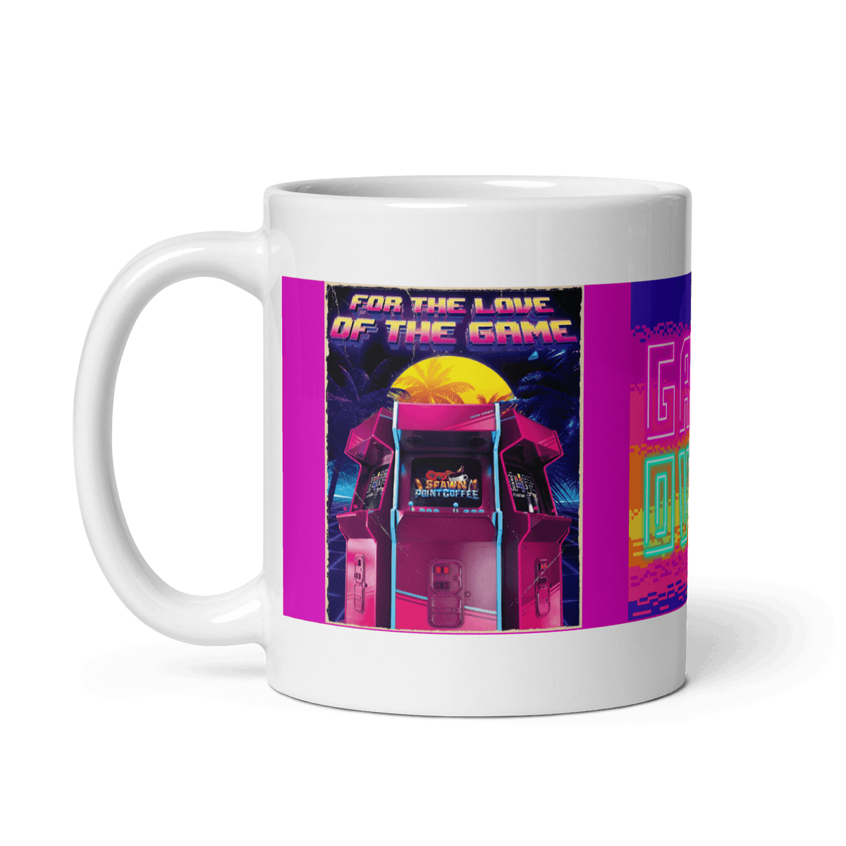 Retro-style arcade-themed mug design with vibrant colors and "Game Over" text, perfect for coffee and tea lovers.