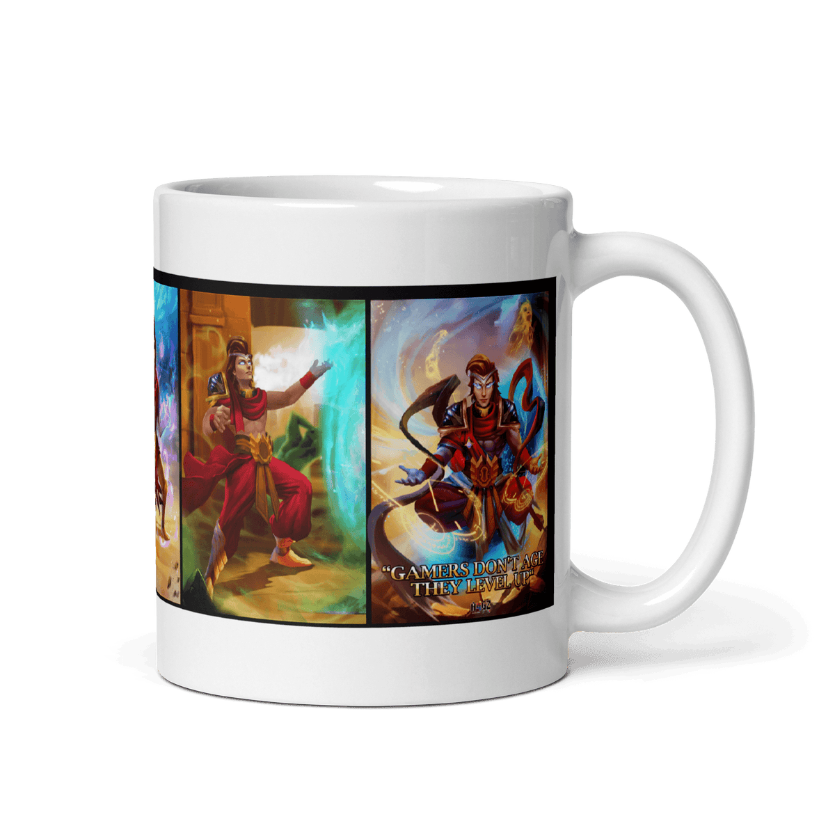 "Level Up mug with vibrant fantasy artwork featuring dynamic characters, 15 oz ceramic, dishwasher and microwave safe"
