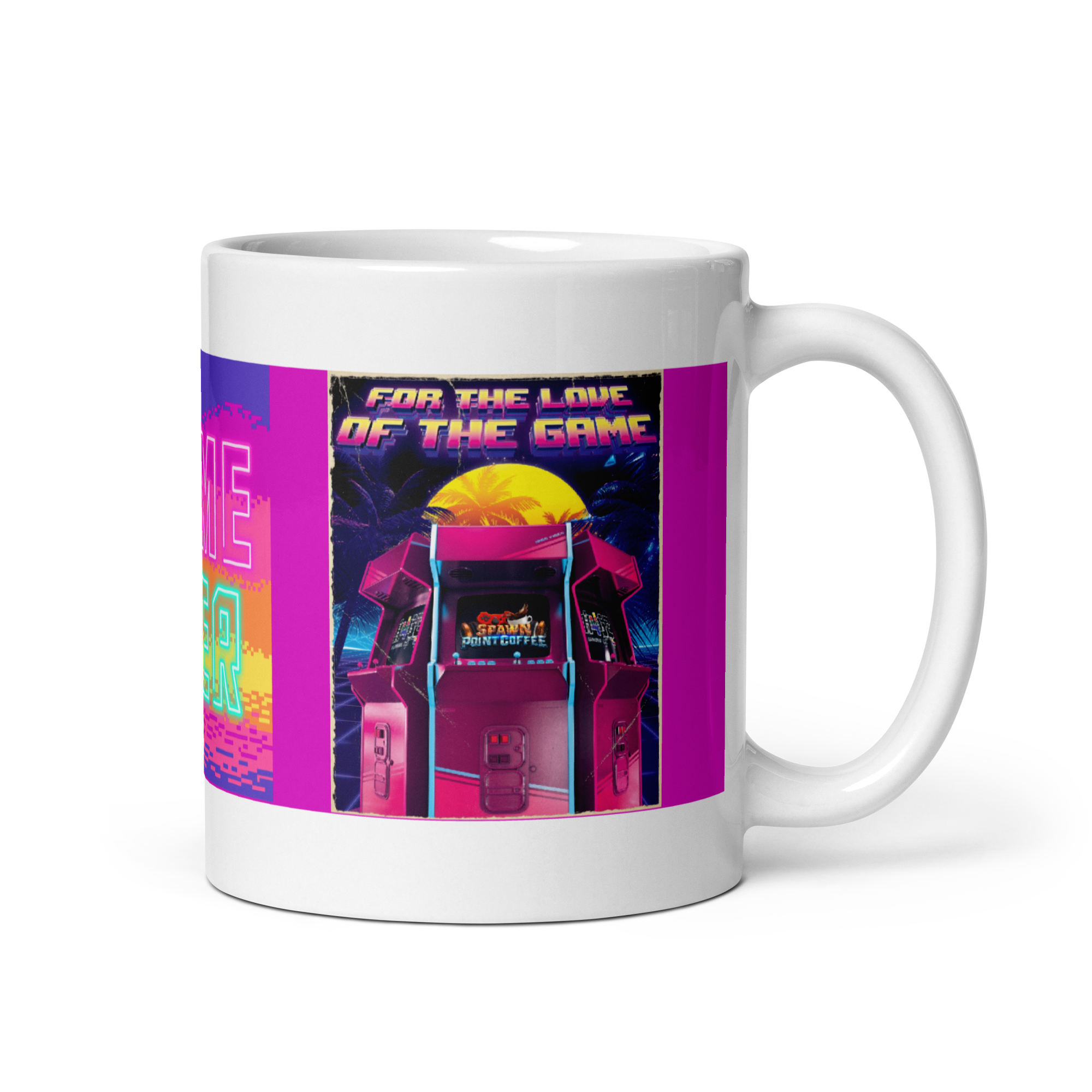 Ceramic mug with "Game Over" retro arcade design, vivid colors, sturdy, microwave and dishwasher safe, perfect for coffee or tea lovers.