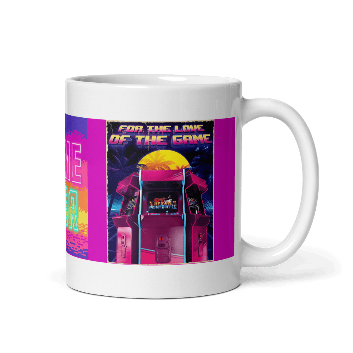 Ceramic mug with "Game Over" retro arcade design, vivid colors, sturdy, microwave and dishwasher safe, perfect for coffee or tea lovers.
