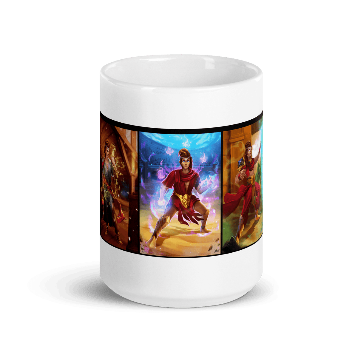 Level Up ceramic mug with vivid fantasy design featuring adventurers, dishwasher and microwave safe, available in 15 oz and 20 oz sizes.