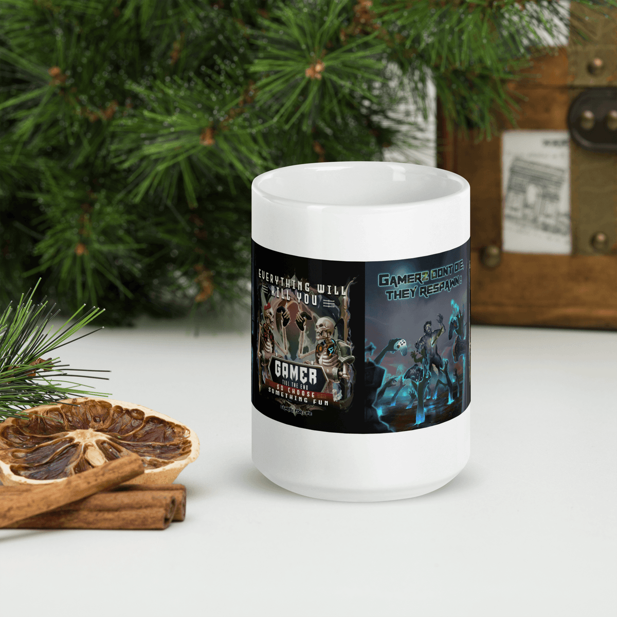 "Gamer Till the End ceramic mug with gaming print near holiday decor"