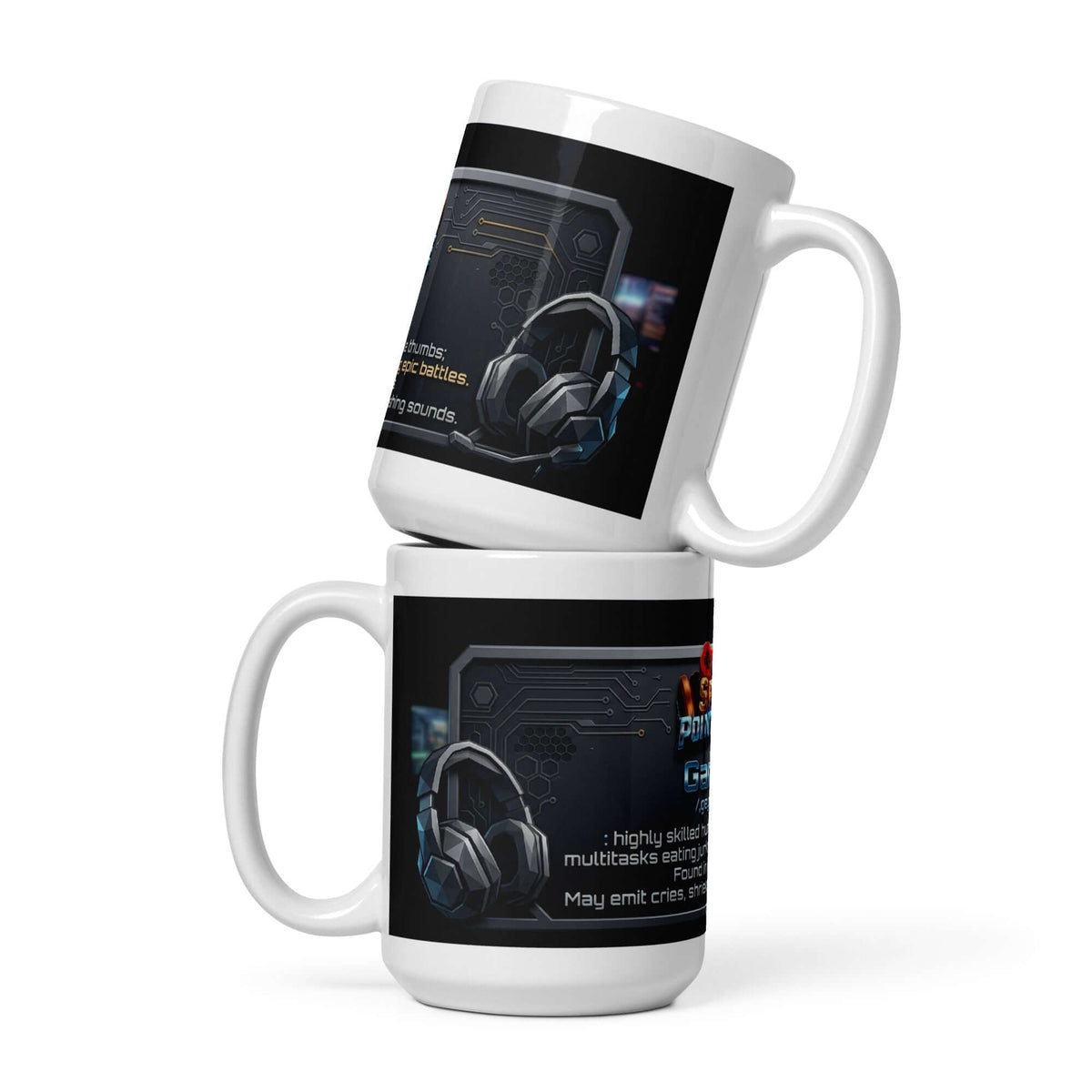 Gamer Coffee Mug featuring a design with headphones and gaming graphics, perfect for gamers.