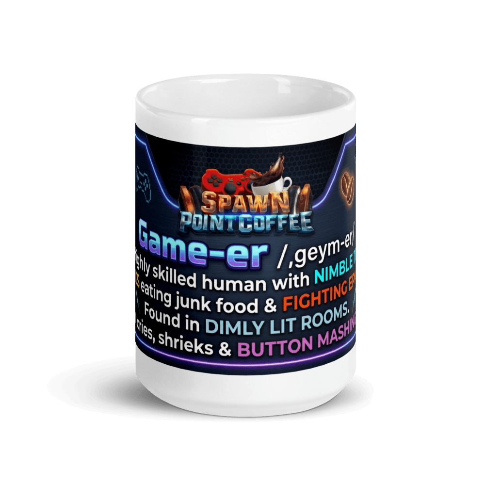 White glossy gamer coffee mug featuring gaming terminology and vibrant colors.