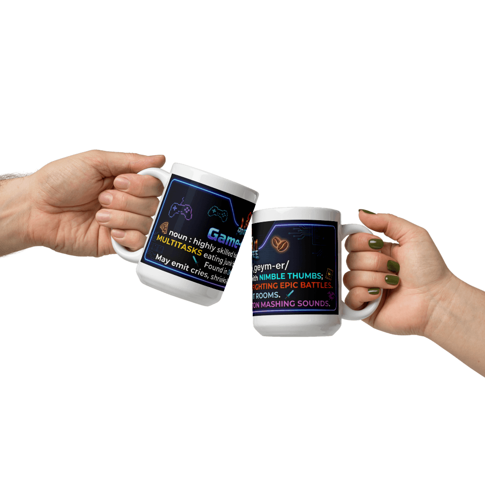 Two hands clinking gamer coffee mugs with playful gaming graphics and definitions, perfect for gaming enthusiasts.