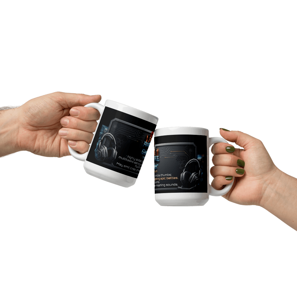Two people clinking Gamer Coffee Mugs with stylish design, perfect for gamers enjoying their favorite beverages.