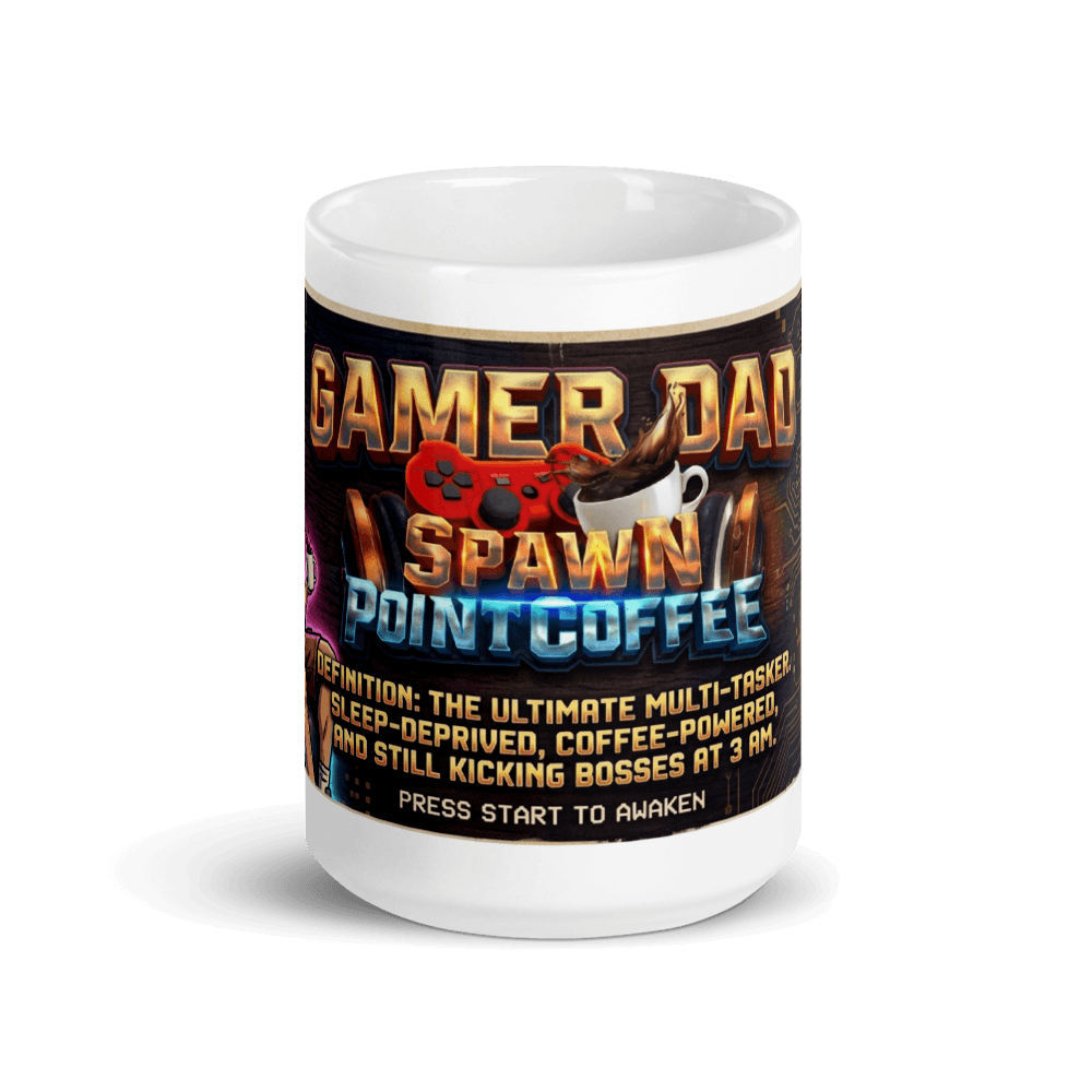 Gamer Dad Coffee Mug with gaming graphics and humorous definition for coffee-loving gamers.