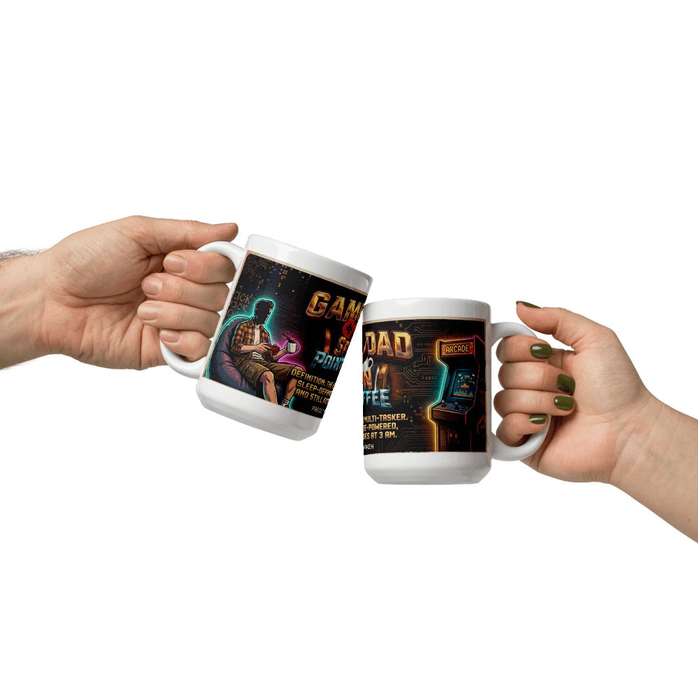 Gamer Dad Coffee Mug being clinked between two hands, showcasing its unique design and gaming theme.