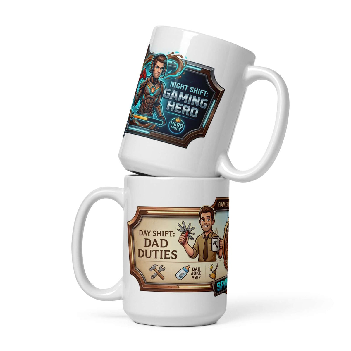 Gamer Dad Coffee Mug featuring vibrant graphics for night shift gaming hero and day shift dad duties.