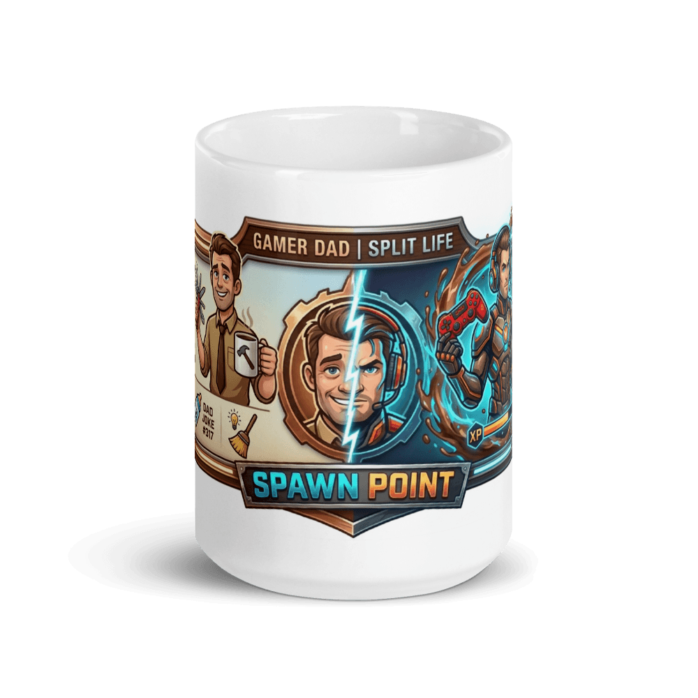 Gamer Dad Coffee Mug featuring gaming graphics and witty text for gaming enthusiasts.