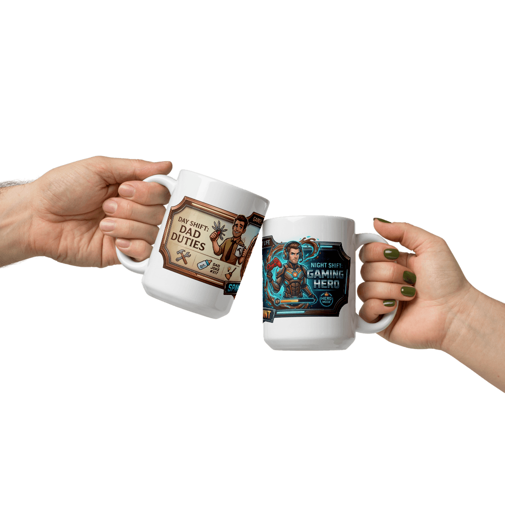 Two hands clinking Gamer Dad Coffee Mug, one with 'Day Shift Dad Duties' and the other with 'Night Shift Gaming Hero' designs.