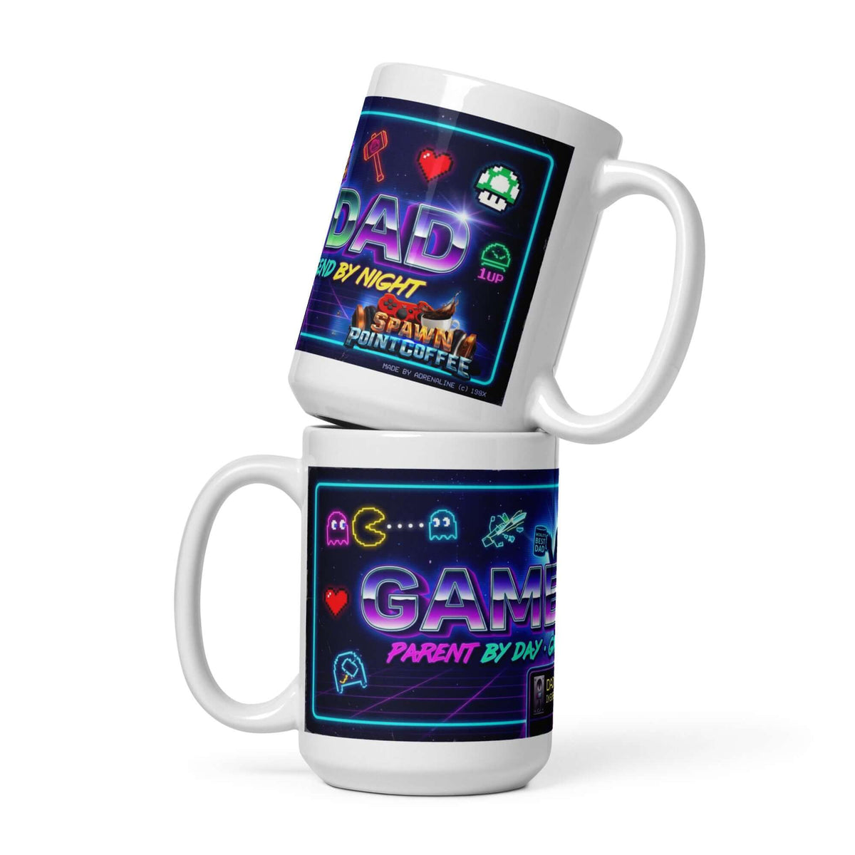 Gamer Dad Coffee Mug featuring colorful gaming graphics and text, perfect for gaming enthusiasts and coffee lovers.