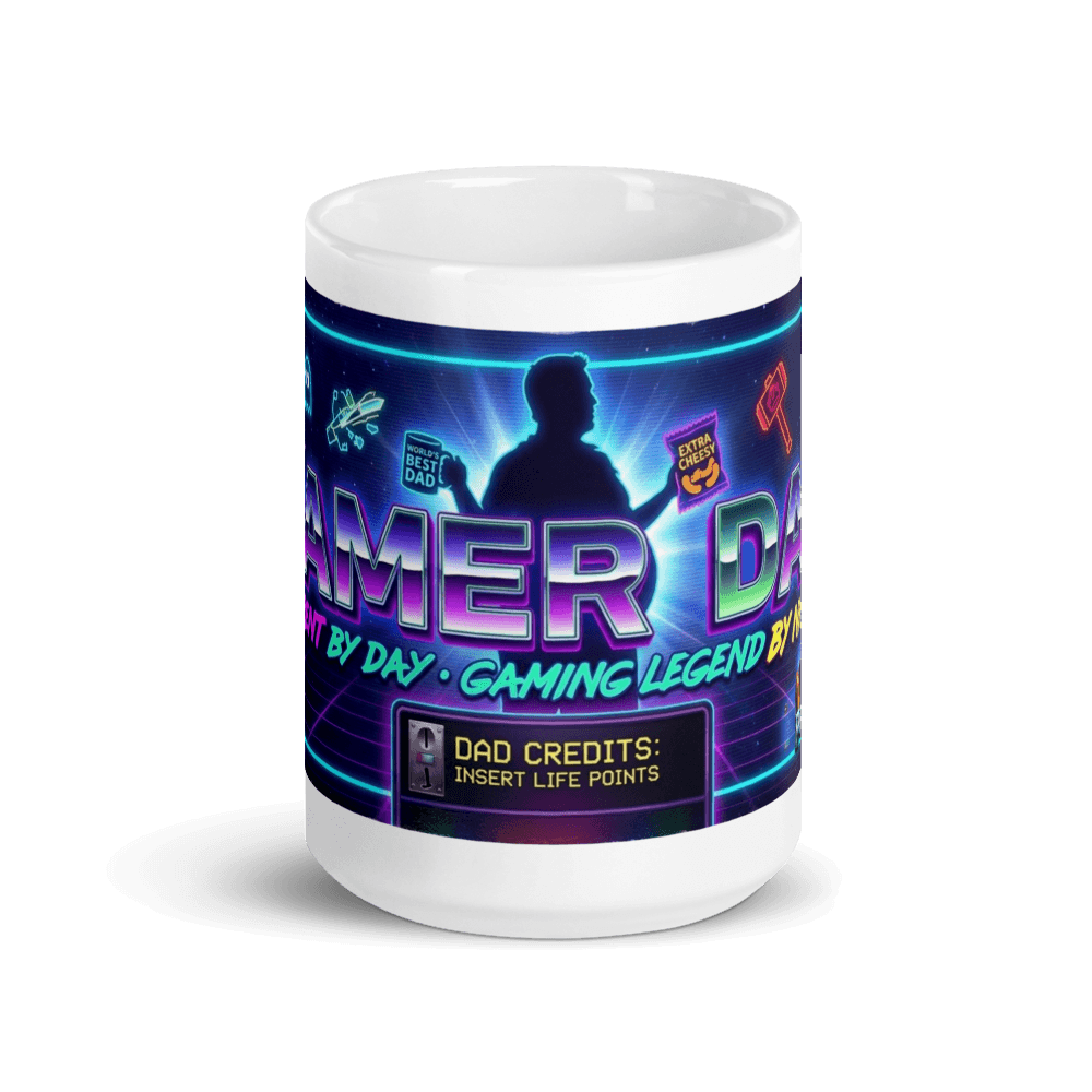 Gamer Dad Coffee Mug featuring vibrant gaming graphics and text, perfect for gaming dads who enjoy their drinks.