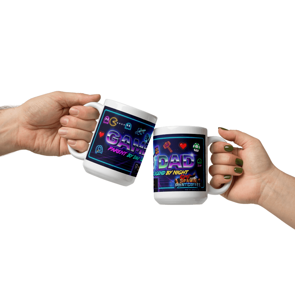 Gamer Dad Coffee Mug design featuring a fun gaming theme, perfect for gamers enjoying their favorite beverages.