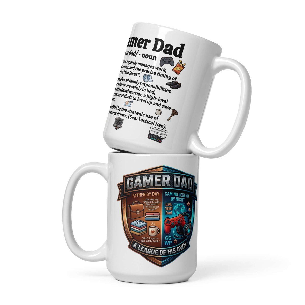 Gamer Dad Coffee Mug showcasing a fun gaming-themed design and vibrant print on high-quality ceramic.