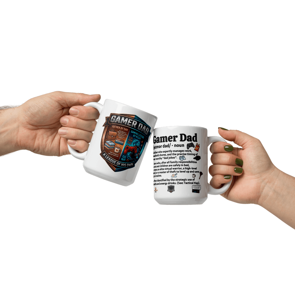 Two hands holding Gamer Dad Coffee Mugs, showcasing unique designs and vibrant prints for gaming enthusiasts.