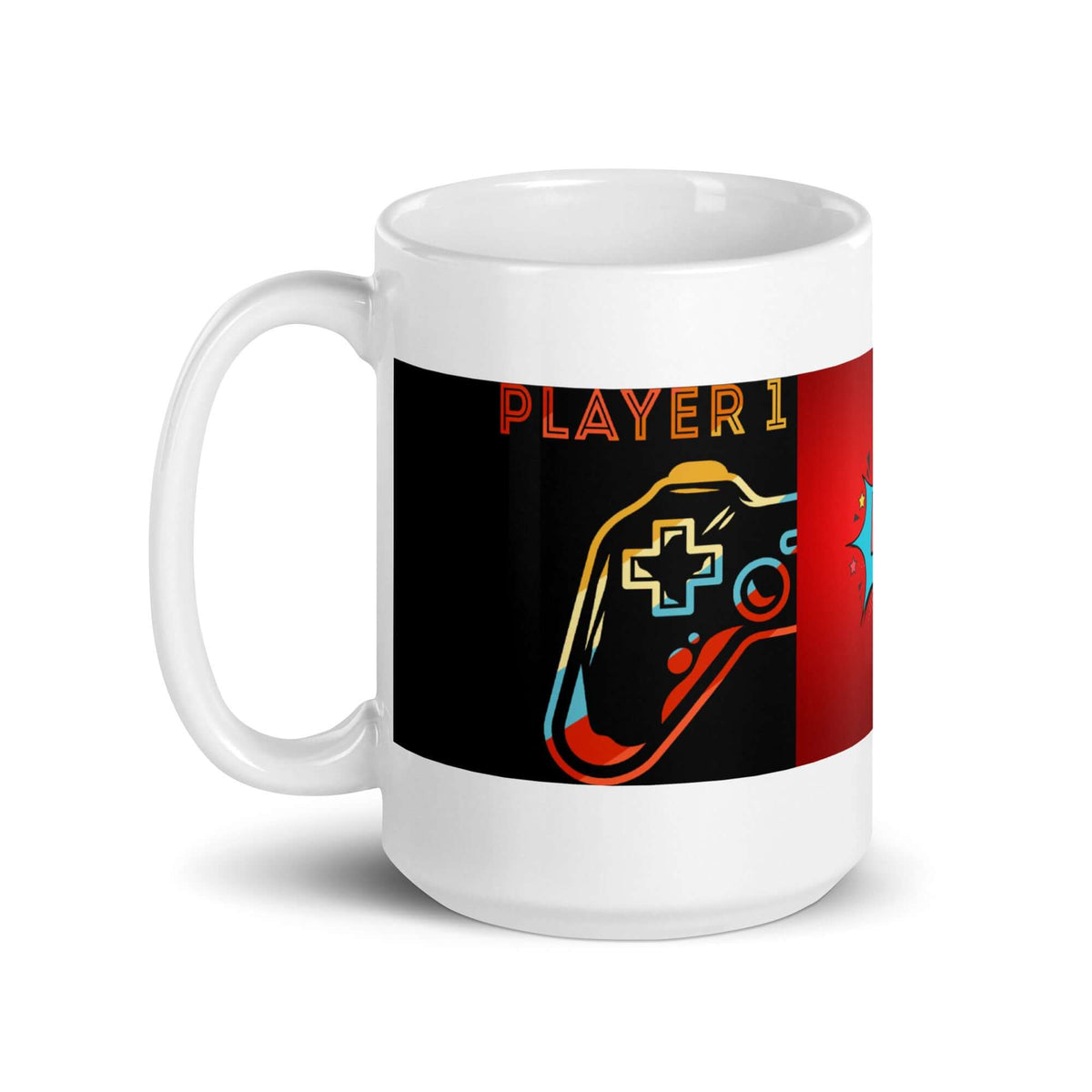 Ceramic mug with Player 1 video game controller design, dishwasher and microwave safe, perfect for coffee or tea enthusiasts