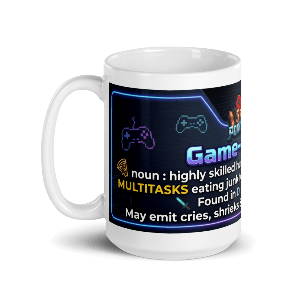 White glossy gamer coffee mug featuring gaming definitions and colorful graphics.