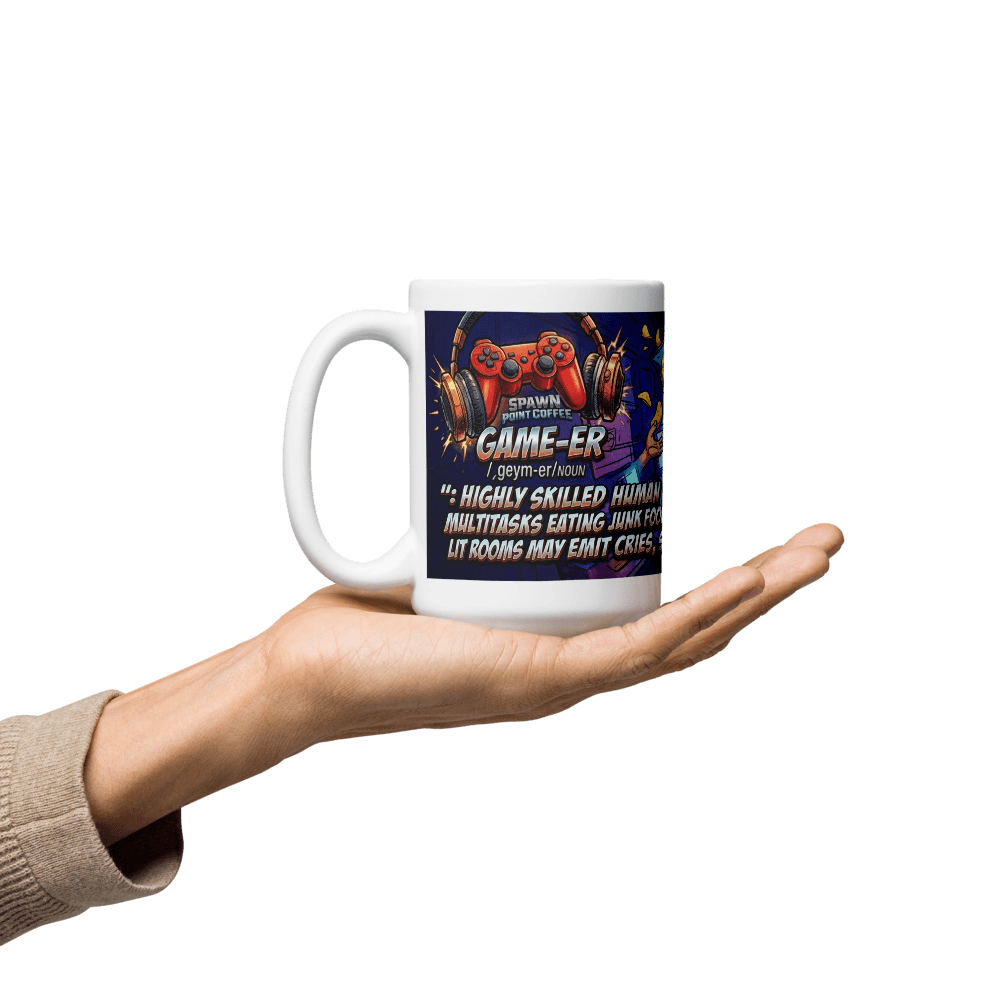 Gamer Coffee Mug held in hand, showcasing vivid print and gamer-themed design, ideal for gaming sessions.