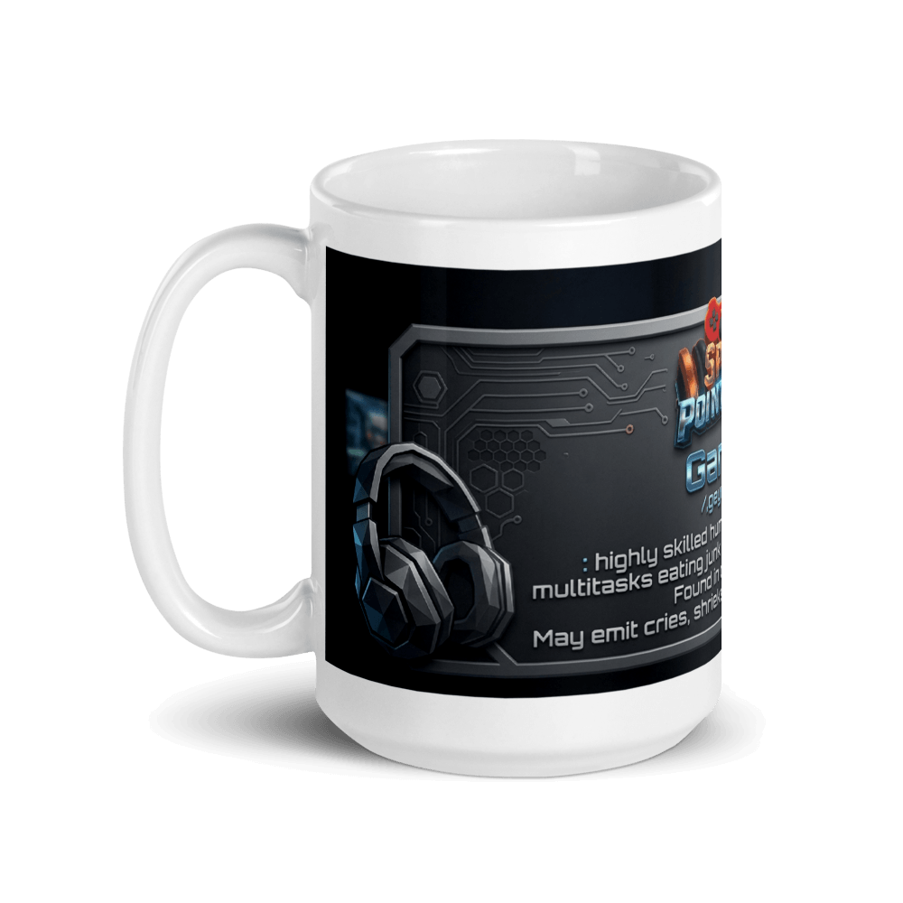Gamer Coffee Mug featuring a gaming headset and humorous text about multitasking, perfect for gamers.