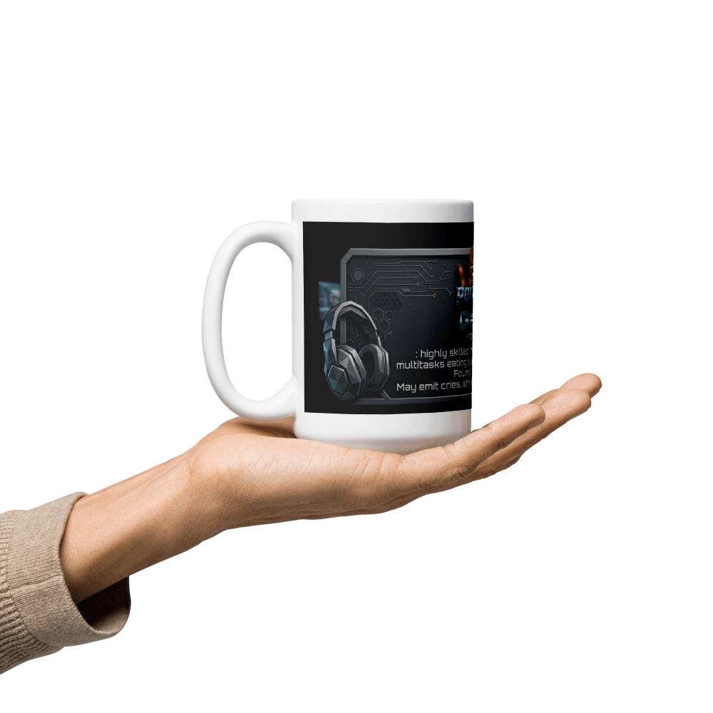 Gamer Coffee Mug held in a hand, showcasing its stylish design and glossy finish for gamers.