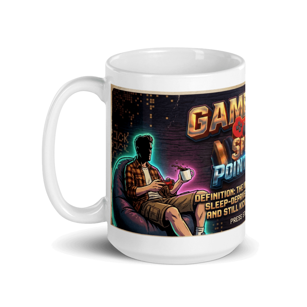Gamer Dad Coffee Mug with colorful gaming design and humorous definition about gaming culture.