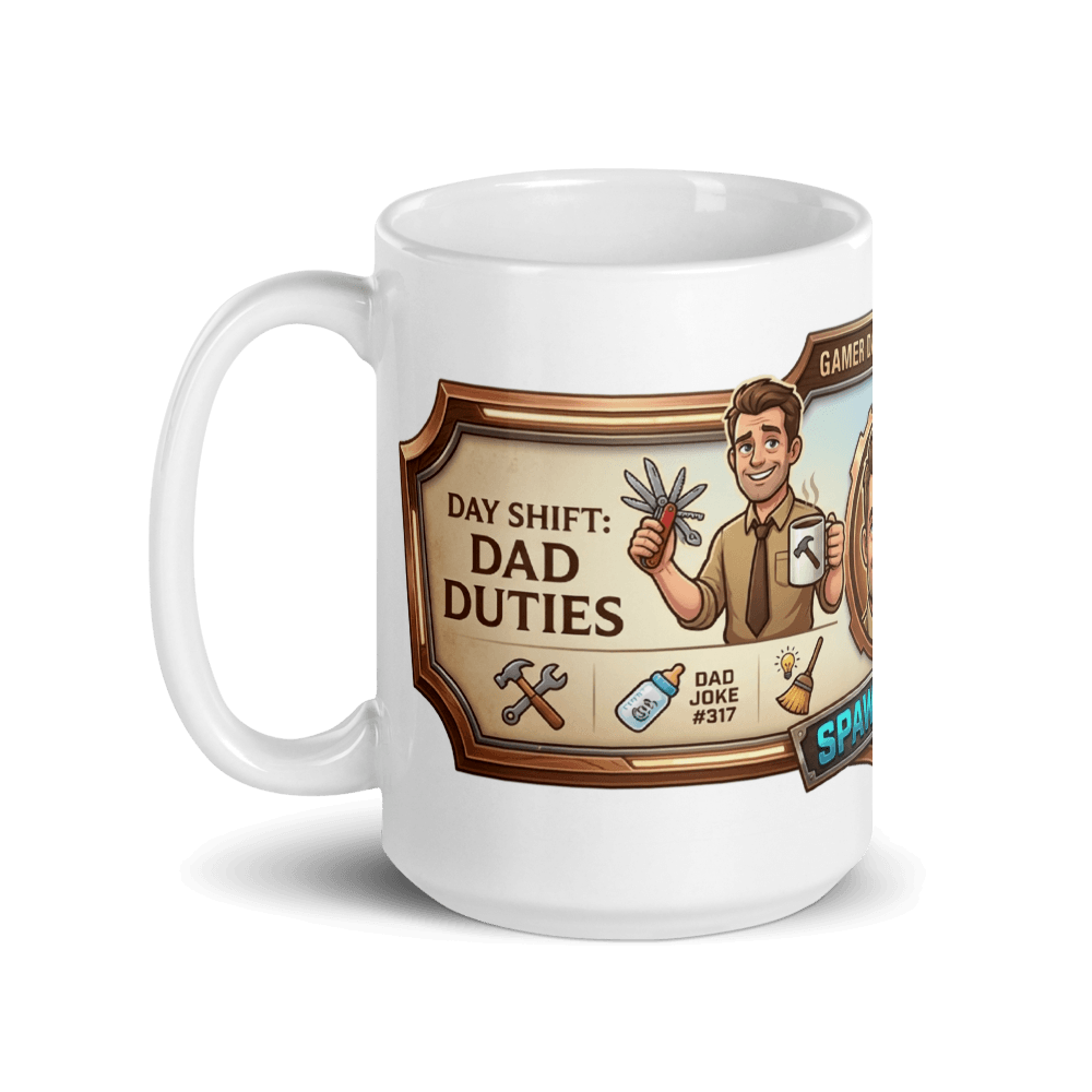 Gamer Dad Coffee Mug featuring fun dad duties design and vibrant colors, perfect for coffee lovers.