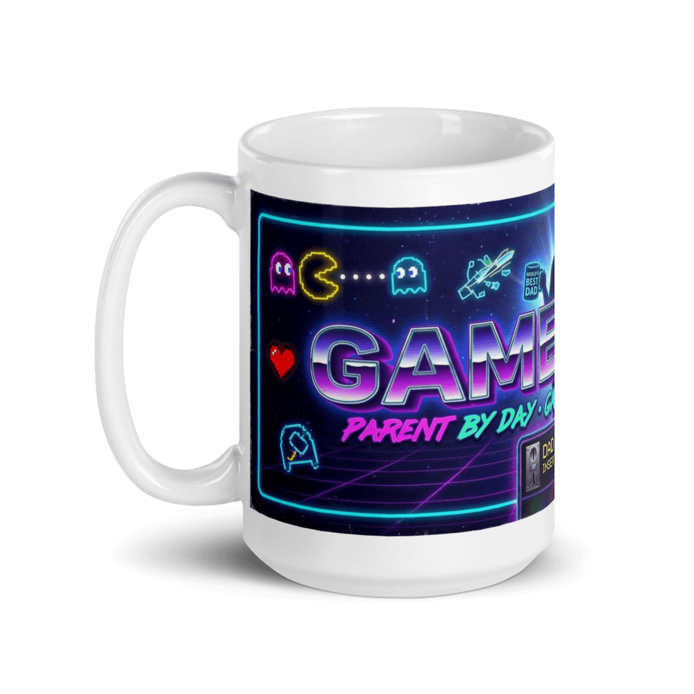 Gamer Dad Coffee Mug featuring colorful gaming icons and text 'GAMER PARENT BY DAY' in a fun retro style.