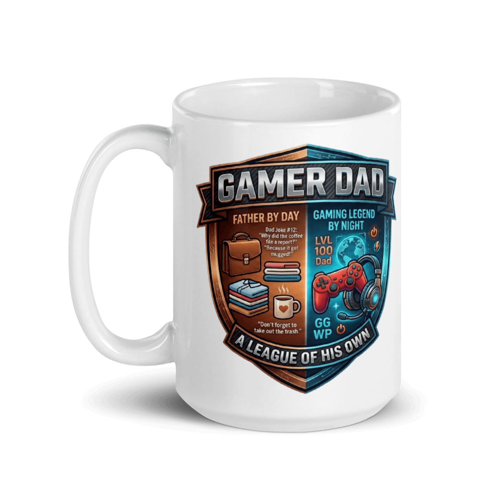 Gamer Dad Coffee Mug featuring gaming-themed designs and text about being a father and a gaming legend.