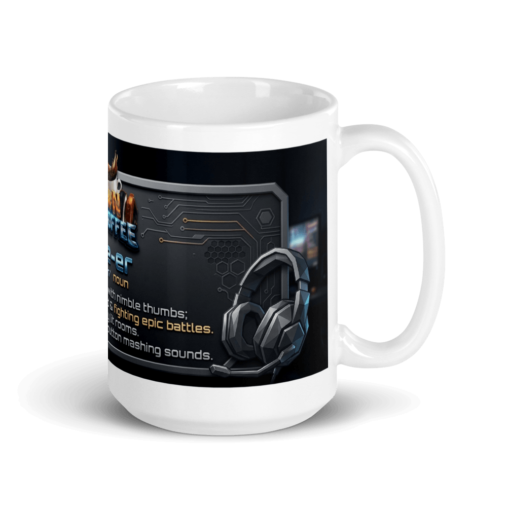 Gamer Coffee Mug featuring a gaming headset and stylish design, perfect for sipping beverages during gameplay.